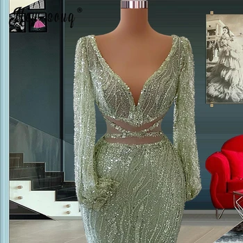  Нюд V-образный вырез русалка вечернее платье фонарь рукава блестящие бисерные свадебные платья для вечеринок талия дизайн vestidos de fiesta на заказ