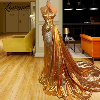  Lowime Gold High Split Hot Sexy Halter Длинные выпускные платья 2021 Изготовленные на заказ платья для вечеринок русалки Robe De Soirée Вечернее платье больших размеров