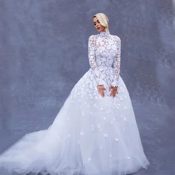  Шикарное белое свадебное платье с аппликацией и иллюзией кружева с длинными рукавами великолепное свадебное платье из тюля с придворным шлейфом для невест