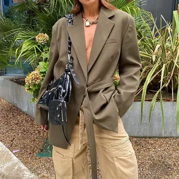  URBANWAY Осенний женский пиджак с открытой спиной с поясом 2023 Новый повседневный офис с лацканом и длинным рукавом Однотонная куртка Тонкое пальто
