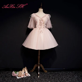  AnXin SH принцесса с v-образным вырезом розовый цветок кружевное перо винтаж роза с коротким рукавом линия шнуровка вечеринка маленькое вечернее платье