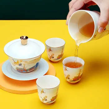  Jingdezhen Керамическая чайная посуда для кунг-фу Бытовой офис Ресепшн Свет Роскошный Высокий Китайский Стиль Крышка Чаши Подарочная Коробка Набор