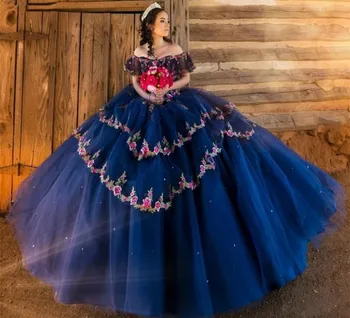  Элегантные темно-синие платья quinceanera с вышивкой цветочным принтом с открытыми плечами Sweet 15 Pageant Dresss Vestidos de XV años