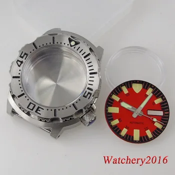  42 мм просветляющее покрытие Сапфировое стекло Monster Watch Case Красный желтый циферблат Fit NH35A NH36A Автоматическая водонепроницаемость 200 м