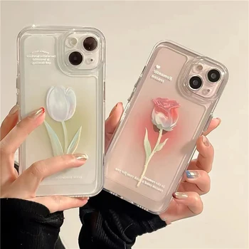  Роскошный прозрачный цветок розы мягкий силикон для iPhone 11 12 13 14 Pro Max X Xs XR 7 8 Plus SE Прозрачная модная задняя крышка