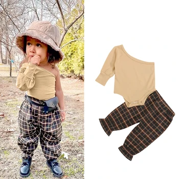  Мода 2021 Осенний детский костюм для девочек Toddler Однотонный комбинезон с длинным рукавом на одно плечо + клетчатые длинные брюки для маленьких девочек