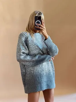  Пуловер с длинным рукавом и металлическими пайетками для женщин Свободный повседневный толстый теплый трикотаж 2023 осень-зима Шикарный длинный свитер
