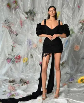  сексуальные черные короткие коктейльные платья для женщин спагетти бретели V-образный вырез из бисера атлас выше колена выпускные платья на день рождения