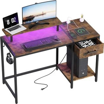   компьютерный стол с ящиками и местом для хранения, 47-дюймовый игровой стол со светодиодной подсветкой, розеткой, подставкой Monutor, для спальни небольшого пространства