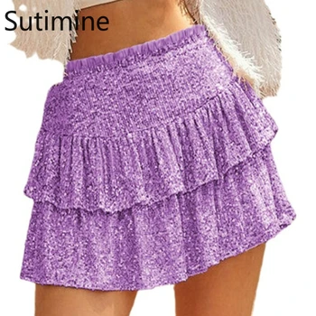 Sutimine Сексуальная девушка Мини-юбка Женские европейские и американские пайетки Сексуальные короткие юбки Однотонная фиолетовая юбка с высокой талией