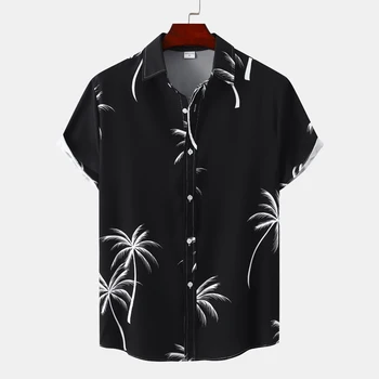  Мужская рубашка с принтом кокосовой пальмы Черная гавайская рубашка Aloha с коротким рукавом Тропический пляж Рубашка на пуговицах Повседневная праздничная одежда для вечеринок