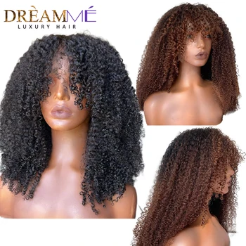   Кудрявый парик с челкой 13x4 Кружевные передние парики из человеческих волос для черных женщин Предварительно выщипанные 250% кружевные лобные парики бразильские