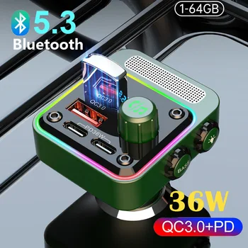  Bluetooth 5.3 FM Передатчик Громкая связь Автомобильный MP3-плеер Стерео Автомобильный FM-модулятор PD36W Быстрая зарядка QC3.0 U Дисковый плеер RGB