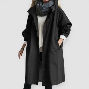  2023 Осенняя мода Тренч Женское однобортное ветрозащитное пальто оверсайз Женская черная верхняя куртка цвета хаки с капюшоном