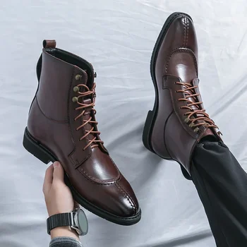  Мужские ботинки Натуральная кожа Английский стиль Винтаж Высокая рабочая одежда Кожаные ботинки Мужские ботинки челси Ремешок Мотоциклетные ботинки