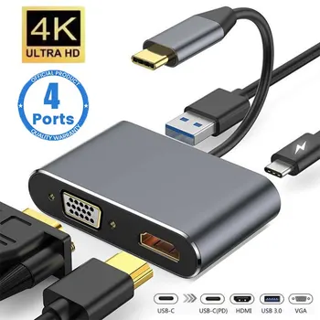  USB C Hub 4 в 1 Type C 3.0 Адаптер для 4K HDMI VGA PD Разветвитель быстрой зарядки Док-станция Концентратор для телефона MacBook Ноутбук