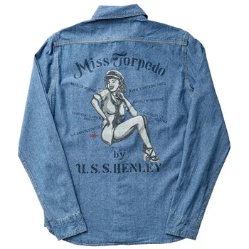  Monroe Принт Джинсовая рубашка с длинными рукавами Мужская винтажная стиранная повседневная джинсовая рубашка Пальто Мужской