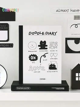  Iconic Doodle Diary 2024 Симпатичный блокнот Doodle Cat для еженедельного планировщика и ежемесячного расписания с обложкой из ПВХ, школьные принадлежности