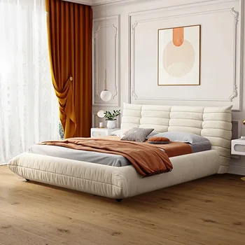  Современный набор мебели для спальни Белая тканевая кровать Queen Size Простая минималистичная мягкая двуспальная кровать King Size Домашняя мебель