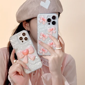  Korea 3D Pink Love Heart Bow Shiny Shell Pattern Силиконовый чехол для iPhone 11 12 13 14 Pro Max симпатичная креативная ударопрочная мягкая обложка