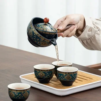  Китайский чайный сервиз гунфу керамическая чайная чашка для пуэра 360 вращения чайника и заварочного чайника цветы изысканной формы фарфор