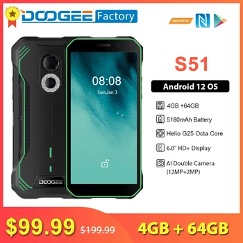 DOOGEE S51 Прочный смартфон 4 ГБ 64 ГБ 12 МП Камера 5180 мАч Аккумулятор Мобильный телефон 6,0-дюймовый дисплей Android 12 NFC Мобильный телефон