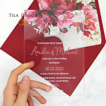  2022 индивидуальная печать цветочный свадебный пригласительный билет акриловый пригласительный билет с подходящими цветочными конвертами акриловые карточки меню