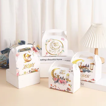  4 шт. Креативные печатные фестивальные подарочные коробки для вечеринок Белые картонные коробки с ручкой Портативные торты Конфеты Подарки Упаковочные материалы
