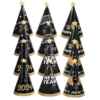  2024 С Новым Годом Шляпы 12 шт. Новогодние бумажные конусные шляпы 3D Черные шляпы для вечеринок Новогодняя вечеринка День рождения Фото