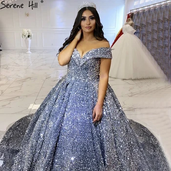  Серое роскошное свадебное платье больших размеров 2023 Дубай Сексуальное свадебное платье без рукавов с пайетками BHM66742 от кутюр