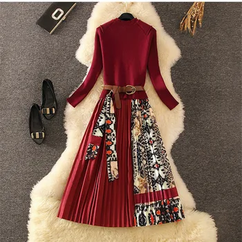  Элегантное трикотажное лоскутное плиссированное платье миди 2023 осень-зима мода женская плиссированное платье с длинным рукавом и этническим ретро-принтом