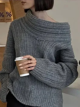 Новейший свитер оверсайз женские элегантные весна осень вязаные пуловеры женские свободные однотонные с длинными рукавами женские джемперы уличная одежда