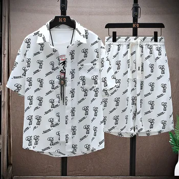  Летняя одежда для мужчин Забавная графика Рубашки Шорты Костюмы с печатью Топ повседневные шорты 2 шт. Комплект Harajuku Fashion Streetwear