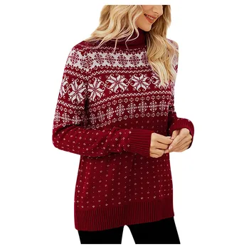  Осенний и зимний пуловер свитер женская мода жаккардовая снежинка вязаный рождественский базовый слой пуловер водолазка