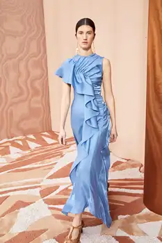  2024 Новое синее платье UllaJohanson Банкетные шелковые длинные платья ручной работы дизайнером высокого качества