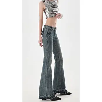  Autumn Y2K Женские джинсы с низкой талией Высококачественные американские ретро вышитые тонкие прямые брюки-клеш женские джинсы