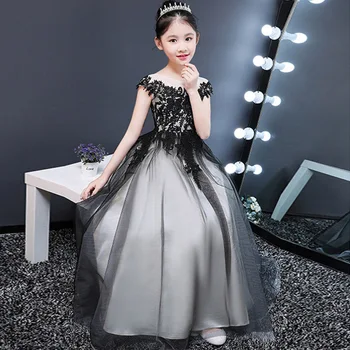 Детское платье 2023 Новое летнее платье принцессы Пушистая пряжа Черное длинное платье без рукавов для девочек