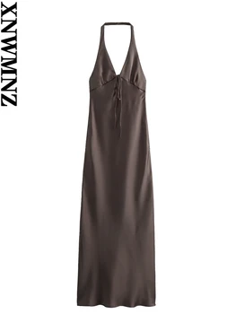  XNWMNZ Женская мода 2023 Атласное платье-комбинация Женщины Стиль вечеринки Шея Бант Узел Открытая спина Женские платья миди