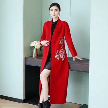  2019 Зимнее пальто Женское красное длинное женское пальто в китайском стиле Тонкая шерстяная верхняя одежда Теплая зимняя куртка для женщин AA5185