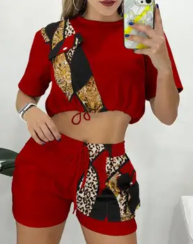  Летние наряды для женщин 2023 года Новый цвет барокко с леопардовым принтом, соответствующий круглому вырезу, талии, укороченный топ и шорты на шнурке