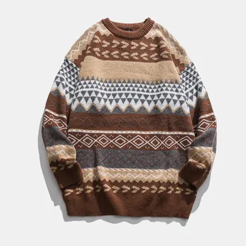  Винтажные свитера Женский пуловер Зимние полосатые джемперы Свободный пуловер в корейском стиле Трикотаж Повседневный свободный свитер Pull Femme