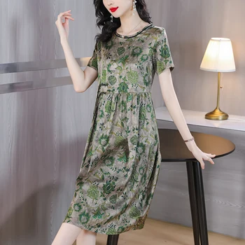  2023 Новое элегантное шелковое шелковое платье с принтом для женщин Летняя мода Фрагментированные цветы Свободный крой Повседневные Vestidos