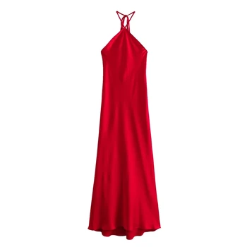  TRAF Красные платья миди с вырезом на шее для женщин Шикарное атласное платье-комбинация Сексуальное платье без рукавов с открытой спиной Платье для вечеринок Vestidos