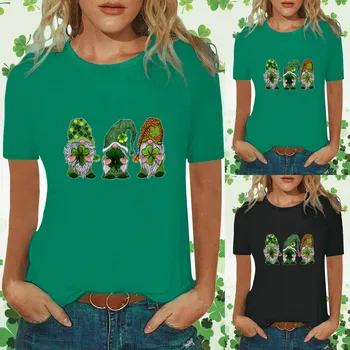  Женский зеленый гномий топ с принтом Рубашка с короткими рукавами Летний элегантный топ Повседневная весна Красивые рубашки