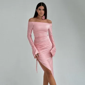  Розовые сексуальные платья миди с открытыми плечами Наряды для женщин Клубная вечеринка Осень Элегантные длинные платья со шнурком и рюшами 2023