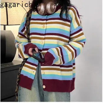  Gagarich Корейский винтажный контрастный полосатый трикотажный свитер-кардиган пальто 2023 осень-зима женский томный свободный топ с круглым вырезом