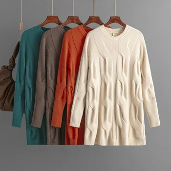   Круглый вырез Скрученный свитер Узор Корейский вязаный свитер Ins Модный свитер Осень и зима Пуловер средней длины