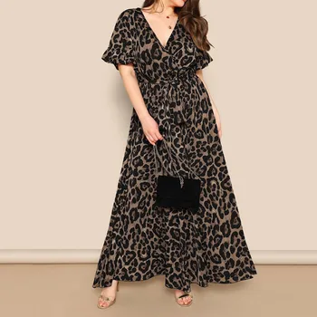  V-образным вырезом Праздничные платья для женщин 2023 Большие размеры Леопардовый принт Макси-платье Платья-бандажи с длинными рукавами Vestidos Para Mujer