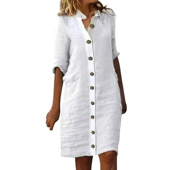  Большие размеры хлопковые льняные белые платья для женщин Лето 3/4 рукава Повседневная рубашка с карманом Платье в стиле бохо Свободное офисное платье миди Халат