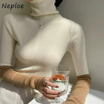 Neploe Водолазка Женщины С длинным рукавом Контрастный цвет Пэчворк Джемперы Джерси Mujer Свитер Y2k Вязаный пуловер Slim Pull Femme